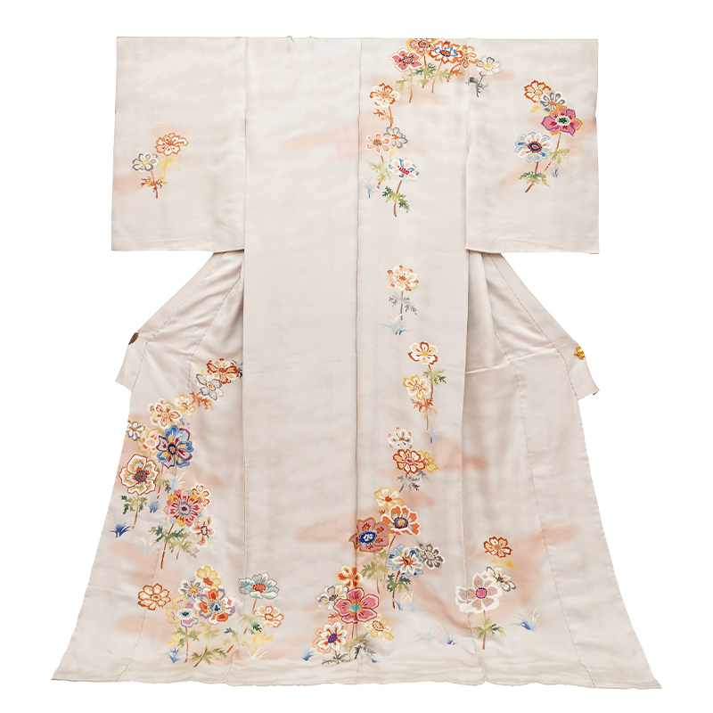 未使用】訪問着 総刺繍 汕頭相良刺繍 ぼかし染め 枝垂れ花 一つ紋 薄  